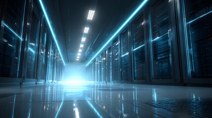 Rows of glowing electronic equipment cabinets line a futuristic data center corridor with bright light emanating from the distance