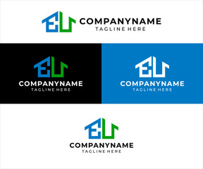The logo design combines the letters eu and house, using blue and green colors.
