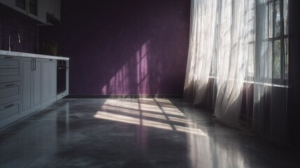 A modern kitchen with purple walls and sunlight casting shadows on a polished concrete floor. Sheer curtains gently sway in the breeze.
