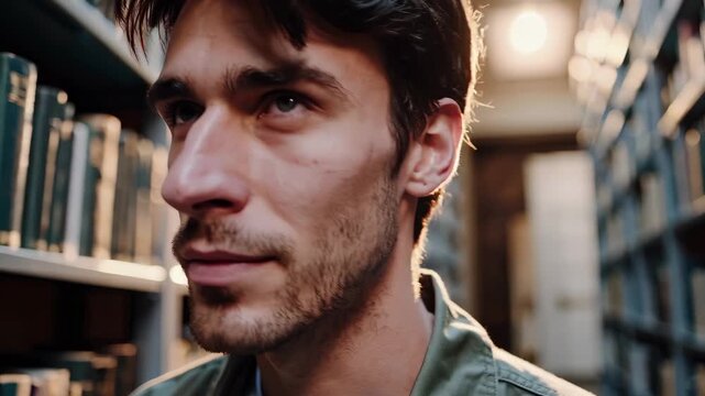 Young man stands beside bookshelf. He scans book spines slowly. Portrait captures focused student in library. Soft light falls along aisle and shelf. Scene evokes study routine and research mood.