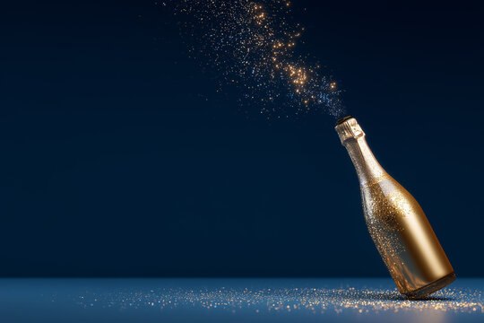 A golden bottle of champagne on the blue background. New Year's background with champagne.