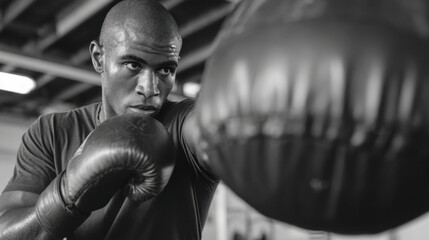 Muscular boxer wearing red gloves punching heavy bag, training with intense focus in monochrome gym setting, representing athletic power and commitment