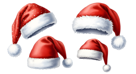 Four red santa hats with white trim and pompoms, isolated on transparent background