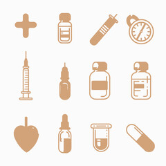 Medical and healthcare icons set. Flat design illustration of pharmaceutical supplies, medicine, syringe, vial, and heart symbol.