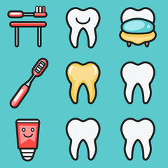 Cartoon dental care icons set: healthy and decayed teeth, toothbrush, toothpaste. Oral hygiene and dentistry elements collection.