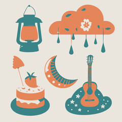 Whimsical graphic elements collection featuring rustic lantern, rainy cloud, crescent moon, birthday cake, and acoustic guitar in a flat design style.