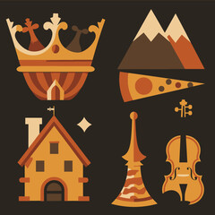 Stylized graphic icon set with crown, majestic mountains, traditional house, classical violin and trumpet on a dark background