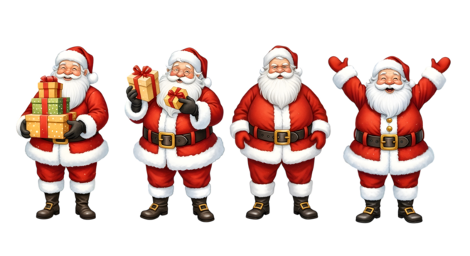 Four cheerful santa claus characters in traditional red suits, isolated on transparent background, holding gifts and celebrating christmas joy