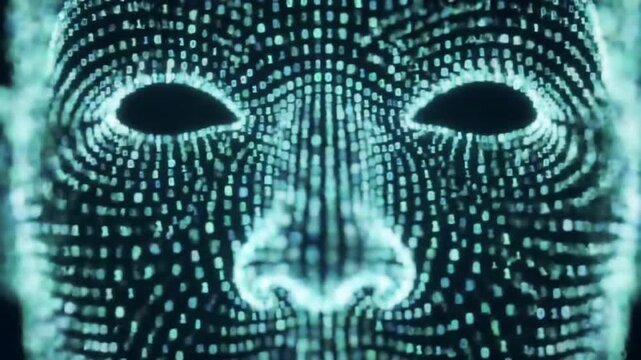 Digital representation of a human face created with glowing binary code against a dark background