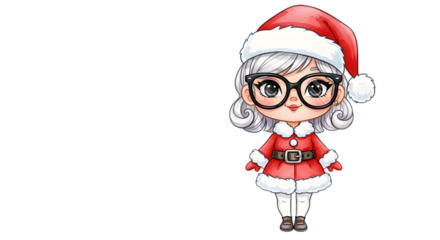 Cute chibi mrs claus wearing glasses and a santa hat, isolated on transparent background