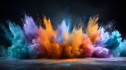 Obraz premium Vivid plumes of colored powder erupt dramatically against a dark background
