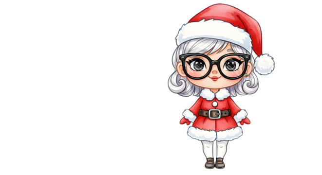 Cute chibi mrs claus wearing glasses and a santa hat, isolated on transparent background - Powered by Adobe