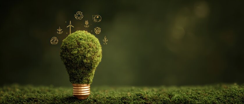 Moss covered lightbulb with floating eco icons symbolizing recycling renewable energy and emission reduction for environmental sustainability innovation and green technology awareness campaigns