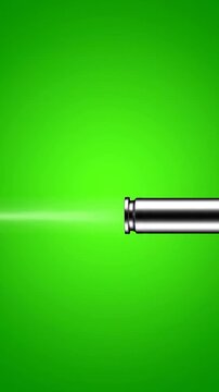 A metallic bullet, with smoke trail, on a bright green backdrop, depicting projectile motion