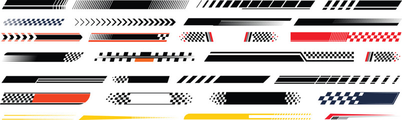 Racing cars and race car stripes set. Checkered flag, motocross labels, dynamic lines, motorsport, racing stripe speed, sport decals, tuning stickers.Hood rally racing stripes icon vector set.
