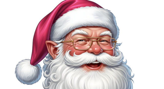 Closeup portrait of a cheerful santa claus with a white beard and mustache, wearing glasses and a red hat, isolated on transparent background