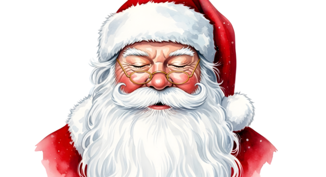 Closeup watercolor portrait of santa claus with eyes closed, smiling gently, isolated on transparent background
