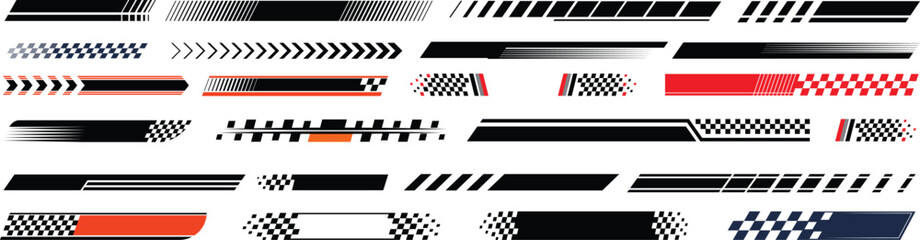 Racing cars and race car stripes set. Checkered flag, motocross labels, dynamic lines, motorsport, racing stripe speed, sport decals, tuning stickers.Hood rally racing stripes icon vector set.