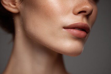 Obraz premium Elegant close-up of youthful woman with glowing molecules drifting across her skin, highlighting modern beauty technology and innovation in skincare, captured with soft ambient medical lighting.