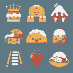Obraz premium Playful vector illustration set: cute cartoon crown, whimsical house, smiling abstract characters, broken heart, and fantasy elements