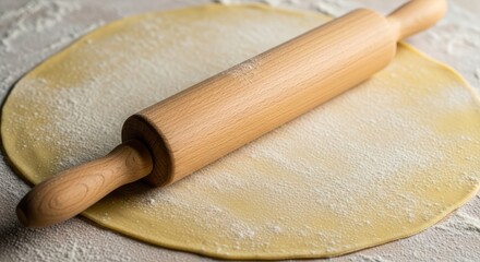 Wooden rolling pin on floured dough surface for baking preparation
