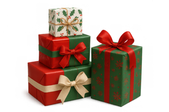 Christmas presents pile with red, green, and holly wrapping paper, celebrating holiday surprises and gift giving