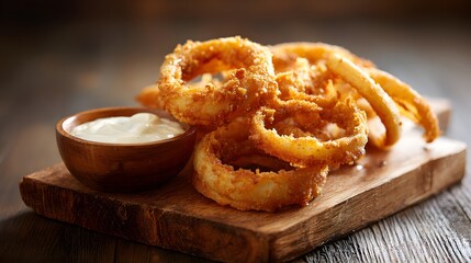 Crispy golden fried rings are served alongside a creamy white dipping sauce on a rustic wooden board.