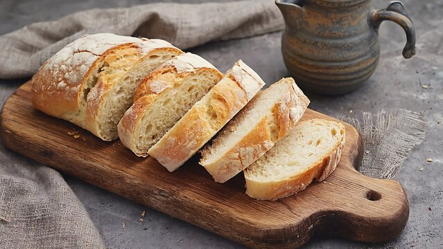 Crusty artisan bread sliced on a wooden board with a rustic pitcher nearby, perfect for culinary storytelling and food blogs.