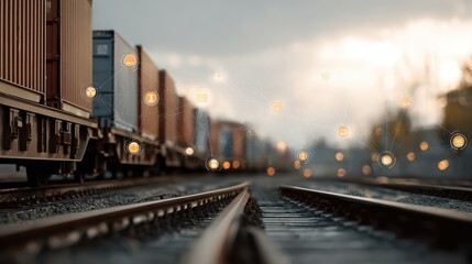 Fototapeta premium Freight train loaded with containers moving across modern railway with abstract growth and trade icons overlay, perfect for global supply chain and logistics concepts