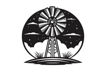 Silhouette windmill stands amidst clouds and starry sky within a circular frame, showing farm energy