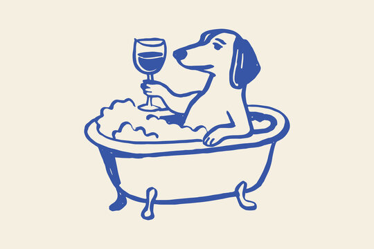dachshund in bathtub with wine naive sketch line art vector