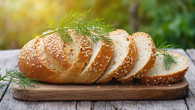 Warm crusty sesame bread loaf sliced on wooden board with fresh dill, inviting natural light, perfect for artisanal baking and healthy meals.