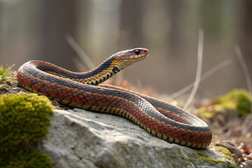 Fototapeta premium Colorful Wild Snake Resting on Mossy Rock in Forest, Close-Up Nature Wildlife