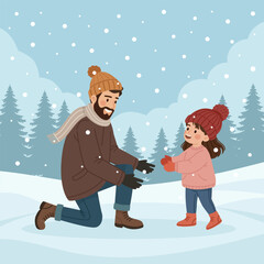 A father and his kid playing together in the park during winter. Illustration for social media posts, banners, or presentations.
