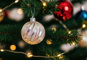 Fototapeta premium Closeup of a sparkly christmas ornament hanging on a fir tree branch with blurred festive lights in the background, creating a cozy holiday atmosphere