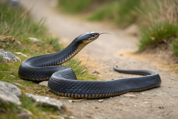 Wild Black Snake Slithering Across a Dirt Hiking Trail with Flicking Tongue