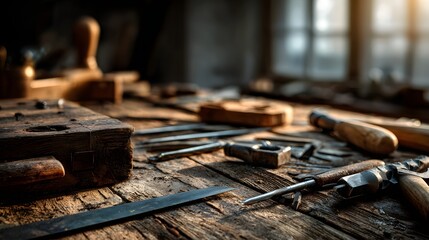 Antique woodworking tools rest upon a worn timber workbench illuminated by window light.