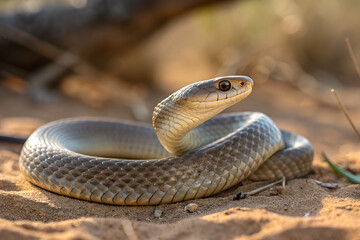 Fototapeta premium Venomous Brown Snake Coiled on Sand in Natural Habitat