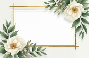 Watercolor floral design with gold frame. Elegant botanical wedding invitation template with white flowers and green leaves. Blank greeting card. Bohemian minimalist style.