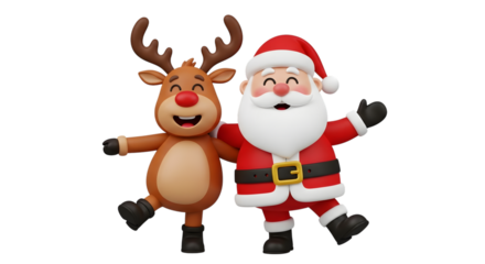 Cute cartoon santa claus and reindeer dancing together, isolated on transparent background