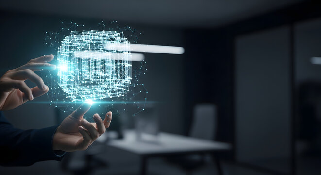 Human hands holding a glowing digital brain hologram representing artificial intelligence. - Powered by Adobe