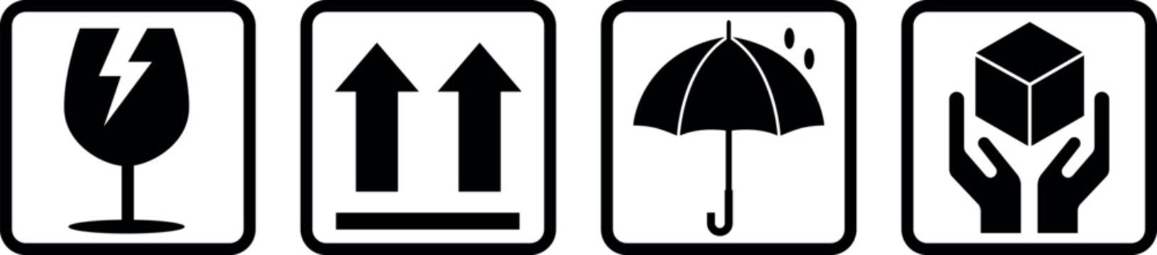 Fragile. Handle with care. Keep away from water. This side up. Packaging symbols. Vector icon set.