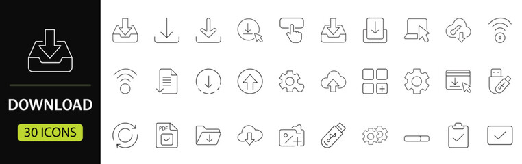 Download line icon set. Featuring upload and download linear icon collection. Includes arrow, link, folder, download file, cloud storage, and web button for UI design. Vector illustration.