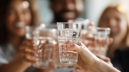 A group of people joyfully toasting with glasses of sparkling water, celebrating a moment together.