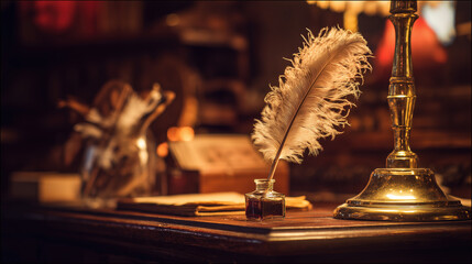 A vintage desk featuring a feather quill and inkwell, illuminated by warm side lighting. real-estate listings