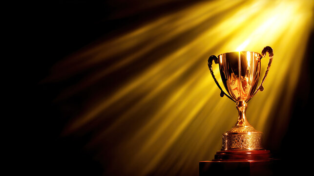 A shining gold trophy on a velvet podium with dramatic spotlight. event key visuals, club posters, designed for fitness apps and gym onboarding, drives event promotion.