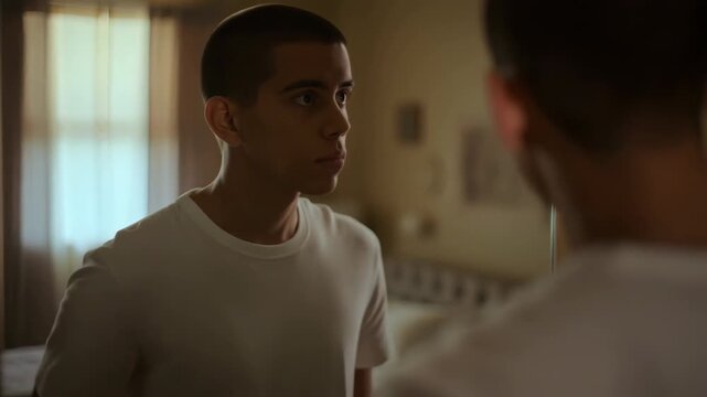 Young man dealing with body dysmorphia looking in the mirror