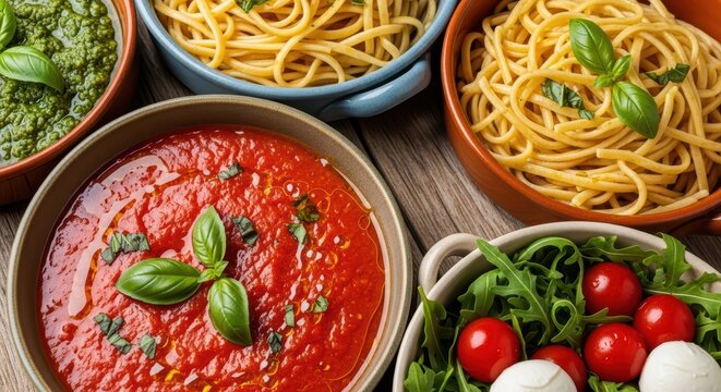 Assorted pasta dishes with sauces and fresh ingredients on a wooden table - Powered by Adobe