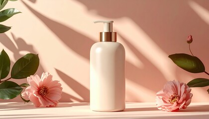 Gentle pink background features a cosmetic dispenser surrounded by delicate flowers and lush green foliage, casting shadows, creating a serene and elegant environment, ideal for showcasing skincare...