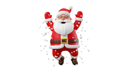 Happy santa claus character with arms raised in celebration, surrounded by falling snow, isolated on transparent background